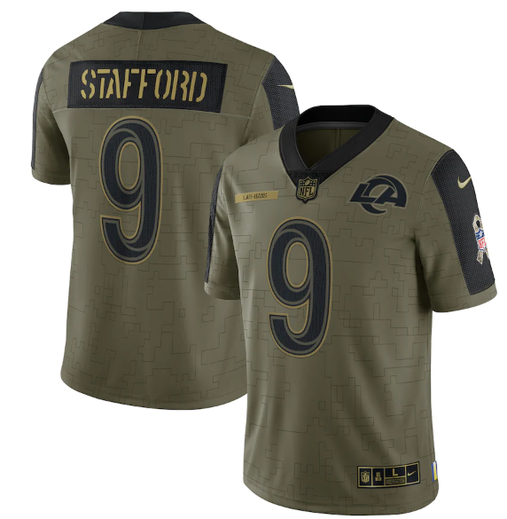 Men's Los Angeles Rams #9 Matthew Stafford 2021 Olive Salute To Service Limited Stitched Jersey Men's Los Angeles Rams #9 Matthew Stafford 2021 Olive Salute To Service Limited Stitched Jersey